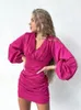 Casual Dresses 2023 Autumn Women Elegant Lantern Sleeve Rose Red Sexig Mini Party Dress Female V-ringen Satin Long Bodycon