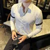 Men's Casual Shirts Quality Arm Webbing Decoration Long Sleeve For Men Clothing All Match Slim Fit Social Shirt Dress Black/White 3XL