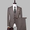 Herrdräkter män affärsbyxa 3 stycken set (blazer byxor väst) grå chic bröllop festkläder kontor manlig fast färg smal jacka jacka