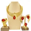 Collana Orecchini Set Gioielli da donna Design in oro brasiliano Ciondolo in zircone rosso Banchetto di nozze di lusso Placcato 24K Originale