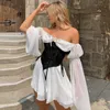 Kvinnors spårsättningar Casual Slash Neck Chiffon Beach White Dres Flare Sleeve Off Shoulder Sexig Summer Dress Double Layer Pink Black 230427