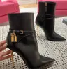 Famous Brand Winter Designer Leather suede Padlock Ankle Boot black Grey Brown Suede Slouchy Woman Bootie embellished play Mid Calf Block Heel Stretch 35-43