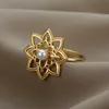 Bandringar Estetiska rostfritt stål Lotusringar för kvinnor Elegant Pearl Hollow Flower Finger Ring Vintage Wedding Jewelry Present Bague AA230426