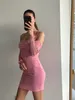 Casual Dresses Mingmingxi Elegant Off The Shoulder Mesh Dress Sexy Halter Boning Bodycon Birthday Party Pink Summer Women 230426