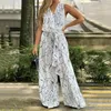 Women's Two Piece Pants Casual Women's Clothing 2023 Summer Loose V-neck Sleeveless Graffiti Bandage Wide Leg Jumpsuit