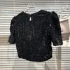 Women's T Shirts High Fashion Luxury Celebrity Pin Full Sequins Shiny Bubble Sleeve Bow Sweet T-Shirt Short Blouses 2023