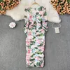 Kleid 2022 Frühling Sommer Runway Floral Sexy Bodycon Kleid Frauen Puff Sleeve Mesh Stretch Blume Gedruckt Mantel Geraffte Drapierte Vestidos