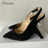 Sandals Unique Fretowrk Heel Pump Sexy Pointed Toe Luxury Suede Slingbacks Pearl Decor Spring High Party Shoes 231127