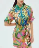 호주 디자이너 린넨 컬러 플로럴 프린트 짧은 슬리브 셔츠 및 미니 스커트 세트