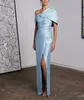 Vintage Long Light Blue Satin Prom Dresses With Slit Sheath Off Shoulder Floor Length Party Dress Maxi Formal Evening Dresses for Women