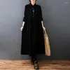 Casual Dresses #7008 Autumn Winter Corduroy Dress Polo Neck Button A-Line Ankle-Length Vintage Long Shirt Loose Black Blue Red