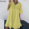 Robes ZANZEA femmes Robe d'été 2022 bohème Robe en dentelle mode manches évasées genou longueur robes femme creux coton Robe