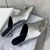 Slippers vintage kitten hak lederen muildieren vierkant teen muture dames buiten formele kleding dia's zomer zwarte zilveren schoenen vrouwen