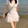 スカートHouzhou Kawaiiかわいいフリル女性ピンクスイートハイウエストレースパッチワークフェアコアメッシュAラインミニサマーモリガール230427