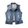 Women's Vests Spring Autumn Single Breasted Women Denim Vest Short Sleeveless Hole Jeans Jacket Slim Waistcoat Ladies Casual Tops 6XL R259