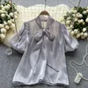 Bluzki damskie moda perła błyszcząca koszula dla kobiet francuska luźna swobodna kokardka krótka puff rękawa stała kolorowa bluzka bluzka Mujer K562