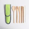 eco-friendly bamboo flatware cutlery set 7 pcs/set portable bamboo straw dinnerware set with cloth bag knives fork spoon chopsticks dh8655