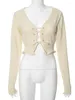 Tricots pour femmes Femmes à manches longues Bandage Pull court Casual Mode Filles O-cou À Lacets Tricots Cardigan Court Tricoté Tops Beige