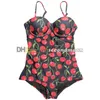 Cherry print roupa de banho feminina maiô de uma peça sexy oco volta beachwear moda estilingue maiô