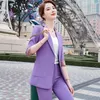 Kvinnors tvåbitar byxor Novel Purple Half Sleeve Spring Summer Business Suits For Women Office Work Wear Pants Pants Ol Styles Byxor Set