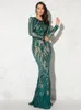 Dress Gold Long Sleeve Stretch Sequin Maxi Dress Floor Length Full Lining O Neck Evening Night Gown Green