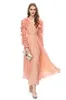 Women's Runway Dresses Sexy V Neck Long Sleeves Ruffles Printed Ruched Fashion Designer Party Prom Gown