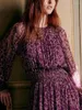 Casual Dresses Backless Lace-Up Ladies Purple Bamboo Leaf Print Dress 2023 Spring Temperament Lady Long Sleeve Elastic Waist Slim Robe