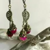 Dangle Earrings Ethnic Metal Antique Gold Color Carving Hollow Leaf Drop Earring For Women Vintage Long Hanging Pink Stones Accessories