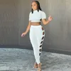 Pantalon deux pièces pour femmes KEXU blanc Sexy Slash Neck manches courtes haut court évider ensembles de trous Club Party femmes survêtements assortis