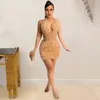 Sıradan Elbiseler Seksi Sırtsız Işıltılı Mesh Splice Mini Elbise Derin V Boyun Kolsuz Tek Parça Kostüm Gece Kulübü Parti Vintage Kadınlar