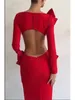 Casual Dresses Red Zip Bow Backless Gown Maxi Dress Long Sleeve Split Back Button Cut Out Christmas Party Festival Evening Vestidos Club