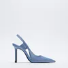 Dress Shoes Heels Women Pumps Fashion Brand 2023 Summer Sandals Blue High Stiletto Ladies Pointed Toe Slingbacks