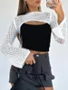 Women's Swimwear Women Summer Cover-Ups Crochet Shrug Solid Color Hollow Out Knitted Crop Tops Round Neck Long Sleeve Bolero Bathing