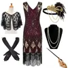 Casual jurken vrouwen jaren 1920 vintage flapper lange rand kralen Gatsby feestjurk met 20s accessoires set (6 stc)