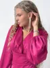 Robes décontractées 2023 Automne Femmes Élégant Lanterne Manches Rose Rouge Sexy Mini Robe De Soirée Femme Doux Col En V Satin Longue Moulante