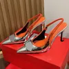 Zapatos de vestir dama retro letra metálica tacones altos moda punta puntiaguda slingbacks gatito tacón sandalias lujo mujer fiesta elegante zapato de boda