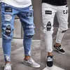 Jeans masculinos homens elástico rasgado motociclista magro bordado impressão destruído buraco gravado slim fit denim riscado de alta qualidade jean