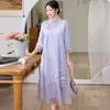 Casual jurken Chinese stijl gaas geborduurde cheongsam lange verbeterde zomerjurk retro temperament los etnisch voor vrouwen