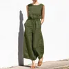 Summer Loose Solid Women Jumpsuits Summer Sleeveless O Neck Cotton Linen Romper Fashion Lady Elastic Waist Office Overall 2304272