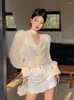 Blouses pour femmes français élégant mode mousseline de soie pour les femmes 2023 printemps été coréen lanterne manches lâche imprimé à lacets haut Blusas