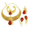 Collana Orecchini Set Gioielli da donna Design in oro brasiliano Ciondolo in zircone rosso Banchetto di nozze di lusso Placcato 24K Originale