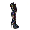 Olomm New Arrima Handmade Women Thigh High Boots Stileetto Heill Round Toe Gorgeous Graffiti Party Club Shoes Women USサイズ5-13