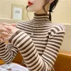 Women's Sweaters Fashion Stand Collar Korean Striped Sweaters Women's Clothing Winter Loose Knitted Pullovers All-match Tops 231127