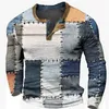 Men's T Shirts Color Block Patchwork 3D Printed Henley Fashion Vintage Button-Down Long Sleeve Shirt Man Tees Tops Clothing