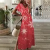 Casual Kleider Frauen Weihnachten 3D Gedruckt Split Kleid Kurzarm Pullover V-ausschnitt Hohe Taille Urlaub Lange Lose Damen Kleidung