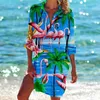 Kadın Bluzları Hawaii Plajı Tropikal Yaprak Flamingo 3D Baskı Kadınlar Uzun Kollu Orta Uzunluk Gömlek Düğmeleri Gömlek Bluz Kızlar Cep Üstleri