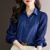 Blusas femininas outono manga longa botão topos elegante senhora do escritório camisa azul real mulheres turn down collar blusa moda chiffon roupas