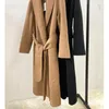 Смеси 2021, новинка зимы, женское двустороннее шерстяное пальто средней длины, женская теплая длинная куртка с длинными рукавами и v-образным вырезом, верхняя одежда, топ с поясом