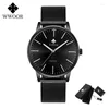 Armbanduhren Reloj Hombre WWOOR Casual Watch For Men Fashion Black Waterproof Quartz Wrist Watches Ultra Thin Magnetic Mesh Strap