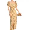 Vestidos de festa 2023 Verão Francês Elegante Dress Vintage Office Lady Lady Sleeve Beach estilo Floral Midi Mulheres chiques One Piece Coréia